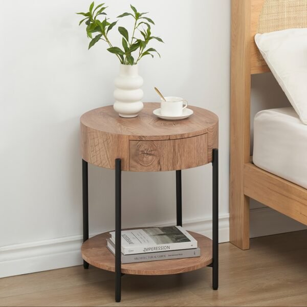 Nature Wood Color Round End Table, 2-Tier Side Table with Drawer 19.69"D x 19.69" W x 21.46" H