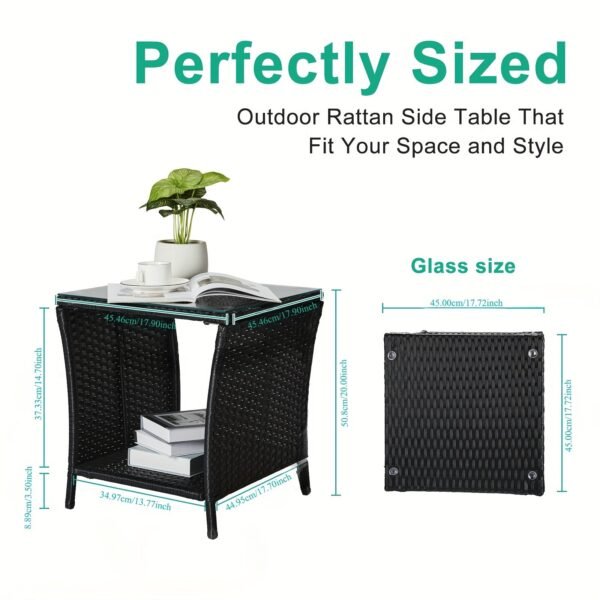 0b631029-45fe-4377-ad89-2eba7692f347-1.jpg "A black four-line rattan double-layered side table with glass top, suitable for small living rooms in households