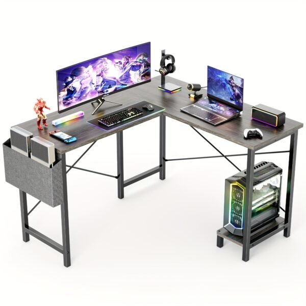 L Shaped Computer Desk - Gaming Table Corner Desk 50 Inch PC Writing Black Desk Study Desks with Wooden Desktop CPU Stand Side Bag Reversible for Home Office Dorm Small Space