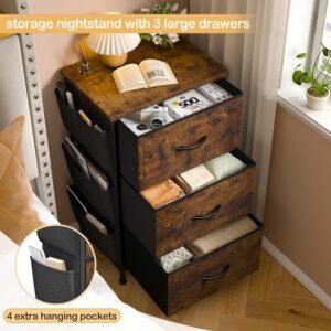 Nightstand Set of 2, Night Stand with 3 Drawers for Bedroom, Bedside Table with Wooden Top, Sturdy Steel Frame End Table, Small Dresser for Bedroom, Living Room, Rustic Brown