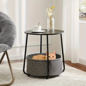 1c961101-c6e6-4686-9463-a2077c4daab7-1.jpg Round Side Table, Small Nightstand with Fabric Basket, Modern Nightstand for Living Room, Bedroom, Nursery, Black&Grey