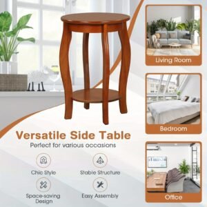 1pc 2-Tier Round End Table Narrow Sofa Side Nightstand W/ Storage Shelf & Wood Legs