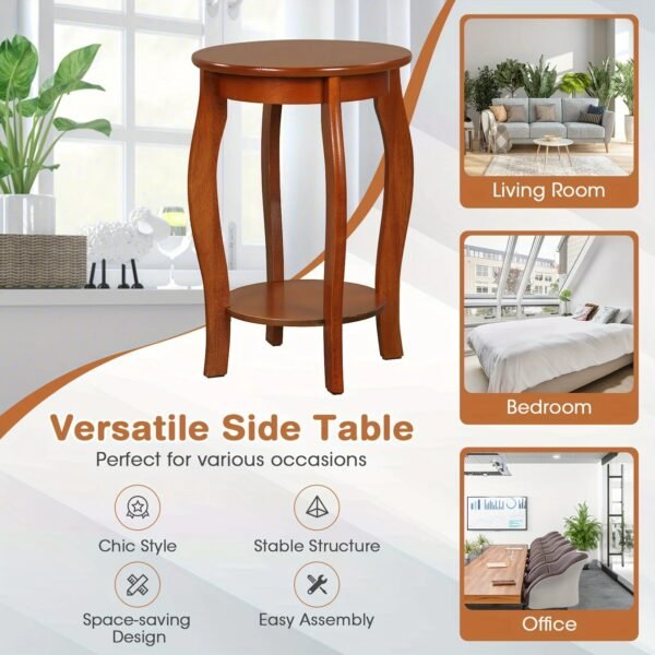1pc 2-Tier Round End Table Narrow Sofa Side Nightstand W/ Storage Shelf & Wood Legs