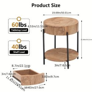 Nature Wood Color Round End Table, 2-Tier Side Table with Drawer 19.69"D x 19.69" W x 21.46" H