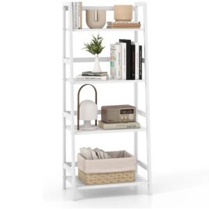 4 Tier Bamboo Bookshelf, Freestanding Open Bookcase Book Shelf Multifunctional Plant Flower Display Stand, White Ladder Shelf