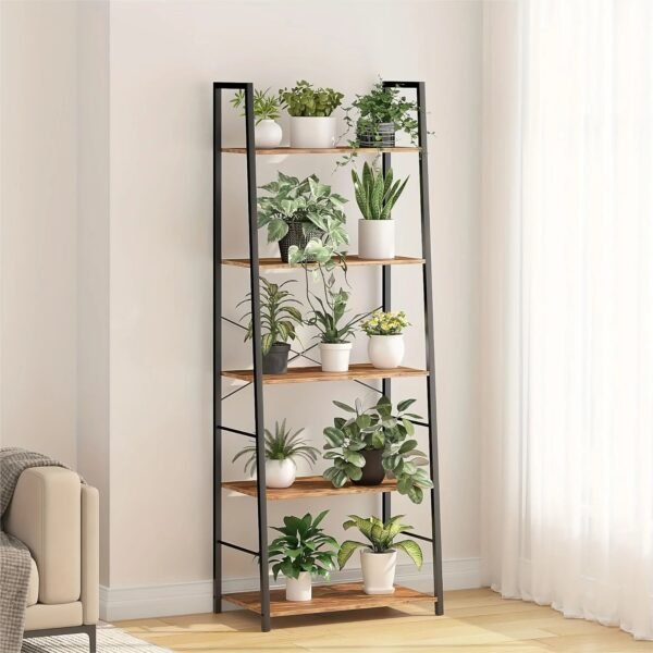 4-Tier-Ladder-Bookshelf-Industrial-Ladder-Bookcase-Plant-Shelf-Storage-Shelf-Organizer-with-Metal-Frame-for_7af00775-97f2-4835-bf08-7b00ead4a64d.jpg 4-Tier Ladder Bookshelf, Industrial Ladder Bookcase, Plant Shelf, Storage Shelf Organizer with Metal Frame for Living Room, Home