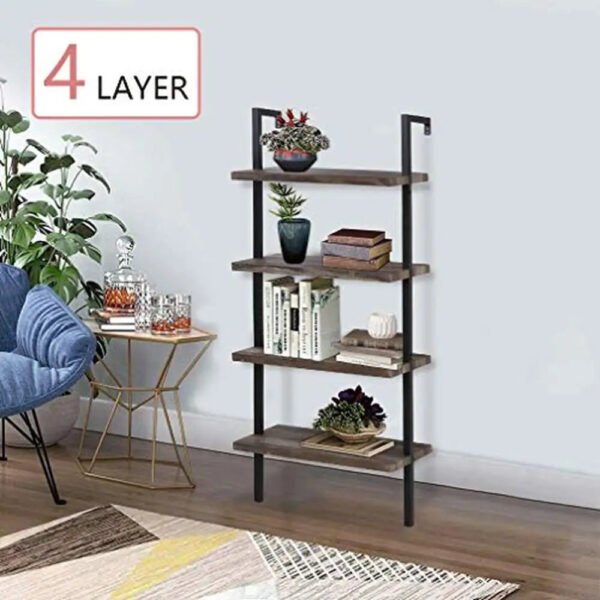 4-Tier Wall Mount Ladder Storage Bookshelf Industrial Bookcase with Metal Frame Modern Wood Shelf Unit Home Office Retro Style