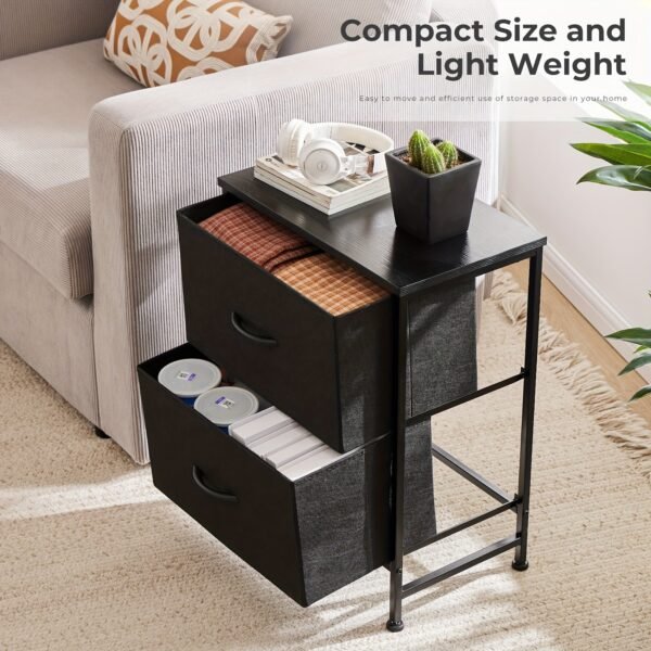 Wooden Nightstand with Spacious 2-Drawer Storage - Compact & Stylish Mini Dresser for Kids Rooms, Bedrooms, Closets & More - Sturdy Wooden Top, Soft Fabric Bins