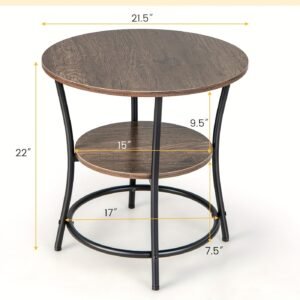 1pc Round 2-Tier End Table With Oak Wooden Surface And Sturdy Metal Frame, Modern Sofa Side Table, 21.5" Diameter Nightstand, Ideal For Living Room & Bedroom Storage, Home Decor