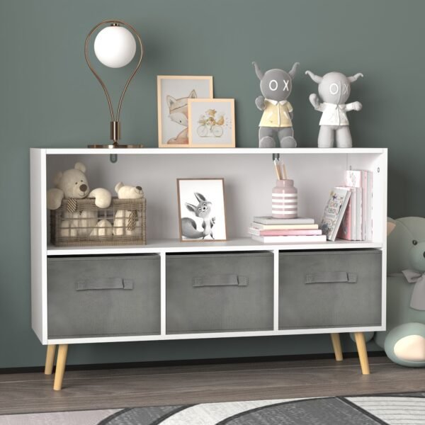 4aed35c9-fb45-4637-8bb3-299477fd45c1-1.jpg 1pc Collapsible Fabric Drawer Bookcase - Stylish Book & Toy Storage Organizer - Space-Saving Design, White/Gray for Home or Kids Room