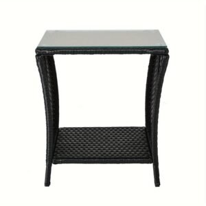 4d4bb84f-213b-48e5-b39c-0e3153c2858b-1.jpg "A black four-line rattan double-layered side table with glass top, suitable for small living rooms in households