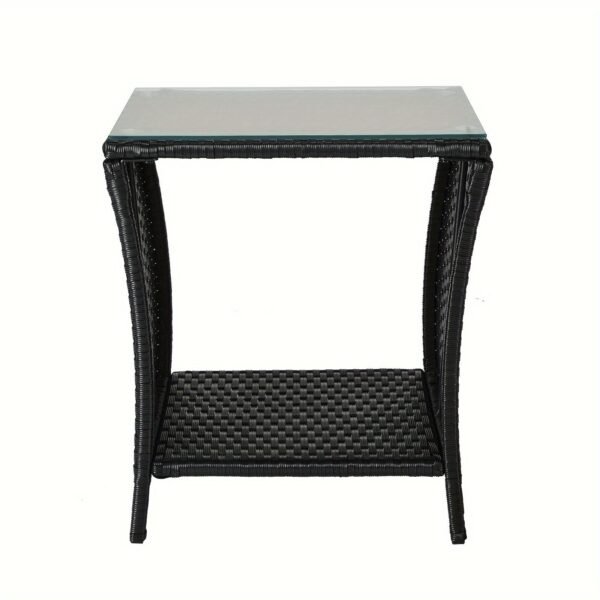 4d4bb84f-213b-48e5-b39c-0e3153c2858b-1.jpg "A black four-line rattan double-layered side table with glass top, suitable for small living rooms in households