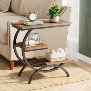 LITTLE TREE C-Shaped End Table, 3-Tier Small Side Table for Couch, Bedside Table Snack Side Table with Storage Shelves for Living Room Small Space