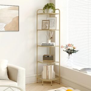 5-Tier Corner Shelf Stand, Gold Glass Bookshelf Bookcase, Bathroom Organizer, Plant Stand, Steel Frame, Tempered Glass,