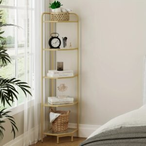 5-Tier Corner Shelf Stand, Gold Glass Bookshelf Bookcase, Bathroom Organizer, Plant Stand, Steel Frame, Tempered Glass,