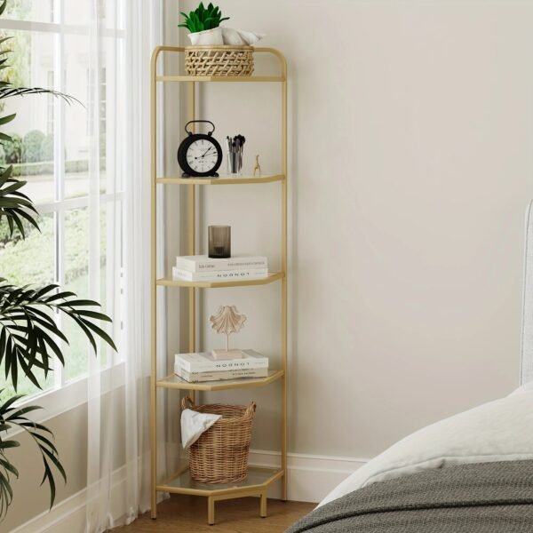 5-Tier Corner Shelf Stand, Gold Glass Bookshelf Bookcase, Bathroom Organizer, Plant Stand, Steel Frame, Tempered Glass,