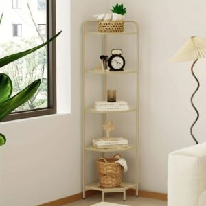5-Tier Corner Shelf Stand, Gold Glass Bookshelf Bookcase, Bathroom Organizer, Plant Stand, Steel Frame, Tempered Glass,