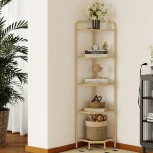 5-Tier Corner Shelf Stand, Gold Glass Bookshelf Bookcase, Bathroom Organizer, Plant Stand, Steel Frame, Tempered Glass,