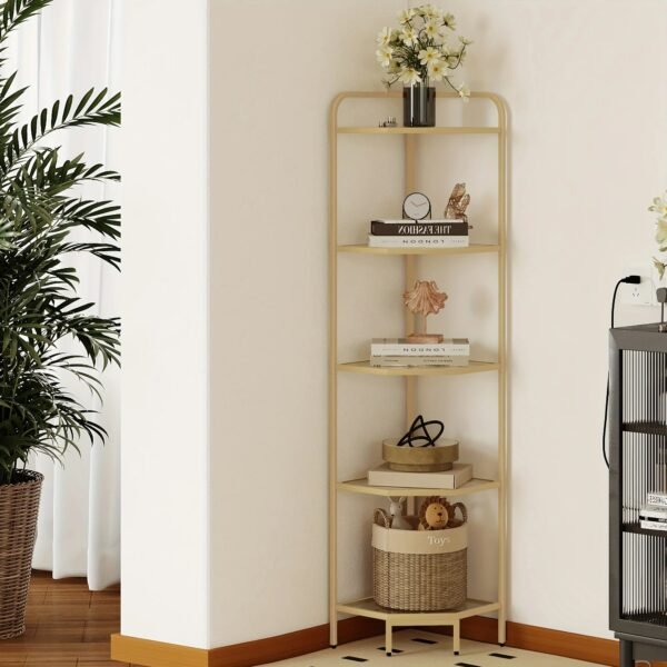 5-Tier Corner Shelf Stand, Gold Glass Bookshelf Bookcase, Bathroom Organizer, Plant Stand, Steel Frame, Tempered Glass,