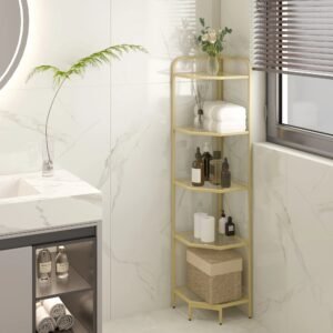 5-Tier Corner Shelf Stand, Gold Glass Bookshelf Bookcase, Bathroom Organizer, Plant Stand, Steel Frame, Tempered Glass,