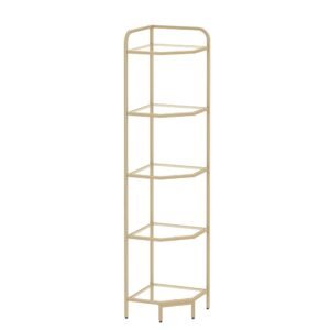 5-Tier Corner Shelf Stand, Gold Glass Bookshelf Bookcase, Bathroom Organizer, Plant Stand, Steel Frame, Tempered Glass,