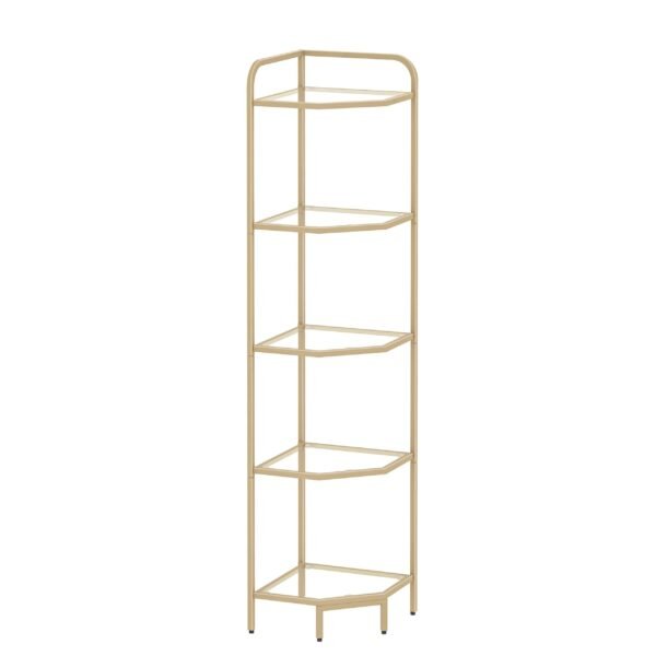 5-Tier Corner Shelf Stand, Gold Glass Bookshelf Bookcase, Bathroom Organizer, Plant Stand, Steel Frame, Tempered Glass,