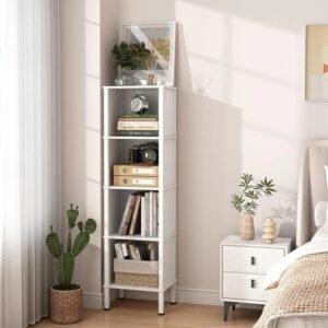 5-Tier-Narrow-Bookshelf-4-Cube-Bookcase-Slim-Corner-Open-Display-Storage-Shelf-for-Small-Space_08a84922-6b2d-41bf-a832-2eb456715a53.jpg 5 Tier Narrow Bookshelf, 4 Cube Bookcase, Slim Corner Open Display Storage Shelf for Small Space, Living Room, Office