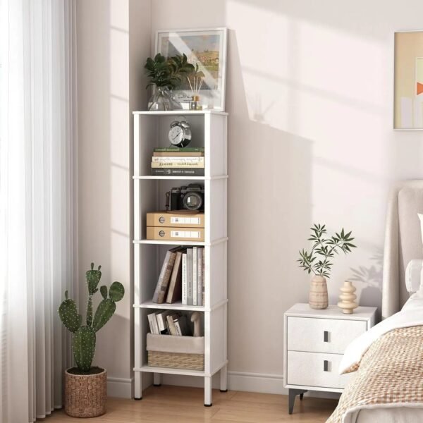 5-Tier-Narrow-Bookshelf-4-Cube-Bookcase-Slim-Corner-Open-Display-Storage-Shelf-for-Small-Space_08a84922-6b2d-41bf-a832-2eb456715a53.jpg 5 Tier Narrow Bookshelf, 4 Cube Bookcase, Slim Corner Open Display Storage Shelf for Small Space, Living Room, Office