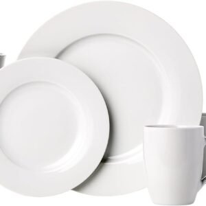 Amazon Basics 16-Piece Porcelain Kitchen Dinnerware Set with Plates, Bowls and Mugs, Service for 4 - White