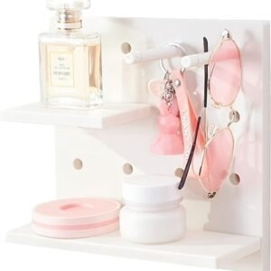 Pegboard Shelf Set with Hooks,Small Plastic Floating Shelves Wall Organizer for Desk, Office, Bathroom, Entryway and Kitchen, No Drilling