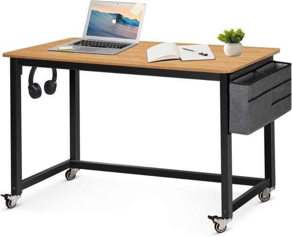 61O0-OTD3mL._AC_SL1500.jpg Rolling Computer Desk with 4 Smooth Wheels, Simple Style Mobile Writing Desk Home Office Study Table Movable Workstation with Metal Frame (Black, 32")