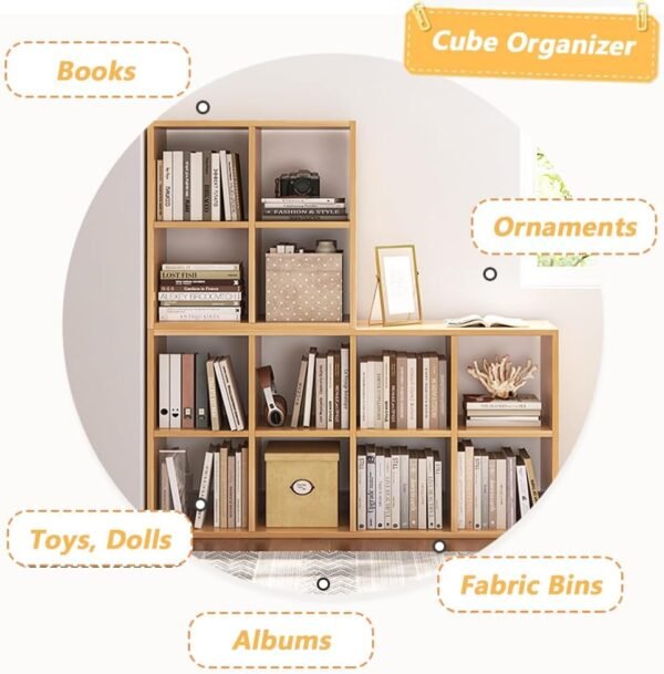 4 Cube Organizer Bookcase - Fabric Storage Bins Container, Open Shelf Simple Compartments Bookshelf, Oak