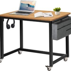 61hGBegWTiL._AC_SL1500.jpg Rolling Computer Desk with 4 Smooth Wheels, Simple Style Mobile Writing Desk Home Office Study Table Movable Workstation with Metal Frame (Black, 32")