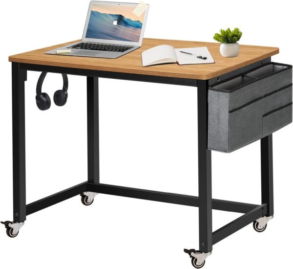 61hGBegWTiL._AC_SL1500.jpg Rolling Computer Desk with 4 Smooth Wheels, Simple Style Mobile Writing Desk Home Office Study Table Movable Workstation with Metal Frame (Black, 32")