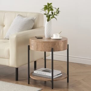 Nature Wood Color Round End Table, 2-Tier Side Table with Drawer 19.69"D x 19.69" W x 21.46" H
