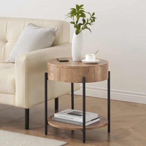 Nature Wood Color Round End Table, 2-Tier Side Table with Drawer 19.69"D x 19.69" W x 21.46" H