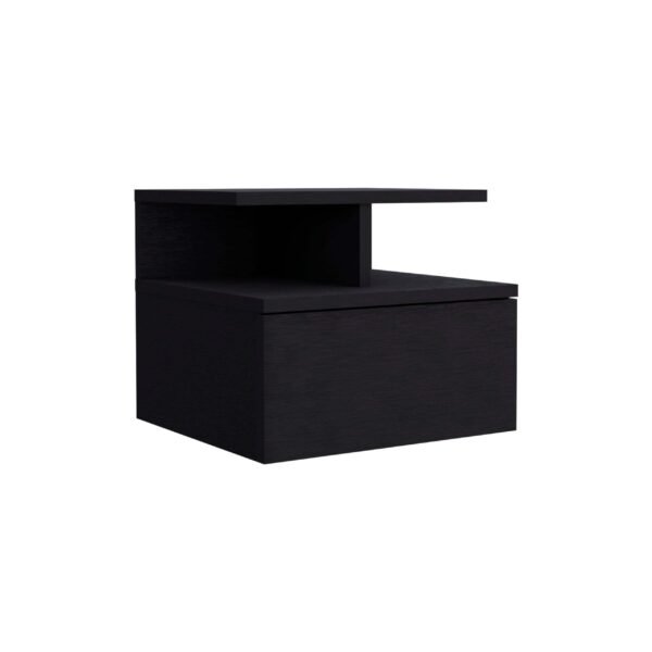 Floating nightstand 12" high with one drawer and 2 shelves on the wall, black