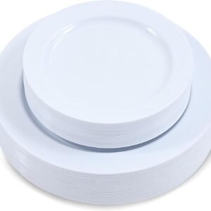 60-Piece Plastic Plates Set Premium 30 Dinner Plates & 30 Salad Plates Pack, Disposable Plates for Party - White Plastic Wedding Plates with Rose Gold Rim