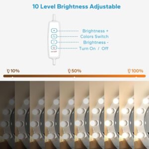 712bCb7HFCL._AC_SL1500-1.jpg LED Vanity Lights for Mirror, Vanity Lights Stick on with 10 Dimmable Bulbs, 3000K 4000K 6500K & 10 Level Brightness Adjustable, USB Cable, Hollywood Mirror Lights for Makeup Dressing Room Bathroom