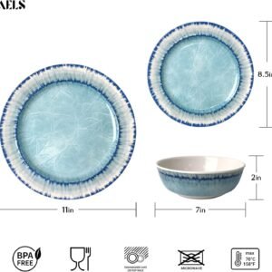 AELS Melamine Dinnerware Set of 12 Pcs Dinner Dishes Set for Indoor and Outdoor Use, Dishwasher Safe, Lightweight Unbreakable, BPA Free, Light Blue