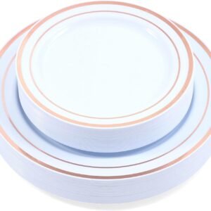 60-Piece Plastic Plates Set Premium 30 Dinner Plates & 30 Salad Plates Pack, Disposable Plates for Party - White Plastic Wedding Plates with Rose Gold Rim