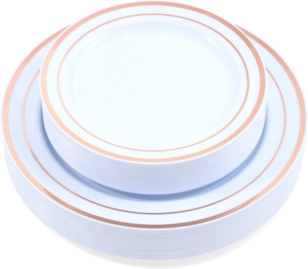 60-Piece Plastic Plates Set Premium 30 Dinner Plates & 30 Salad Plates Pack, Disposable Plates for Party - White Plastic Wedding Plates with Rose Gold Rim
