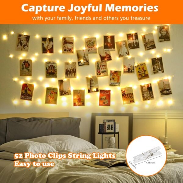 71CWIDDZKnL._AC_SL1500-1.jpg 120 LED Photo Clips String Light with Remote, 40FT Fairy Lights with 52 Clear Picture Clips, Timer & 8 Modes USB Powered Copper Wire Lights for Dorm, Bedroom, Christmas, Party (Warm White)
