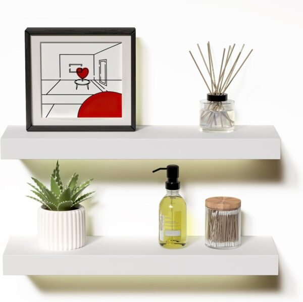 71DyPcJmTjL._AC_SL1500.jpg 14.9 in White Floating Shelves Set of 2, Wall Mounted Small Shelves, Modern Hanging Shelf for Wall Decor, Display Wall Storage Shelves for Living Room, Bedroom, Bathroom, Kitchen - White