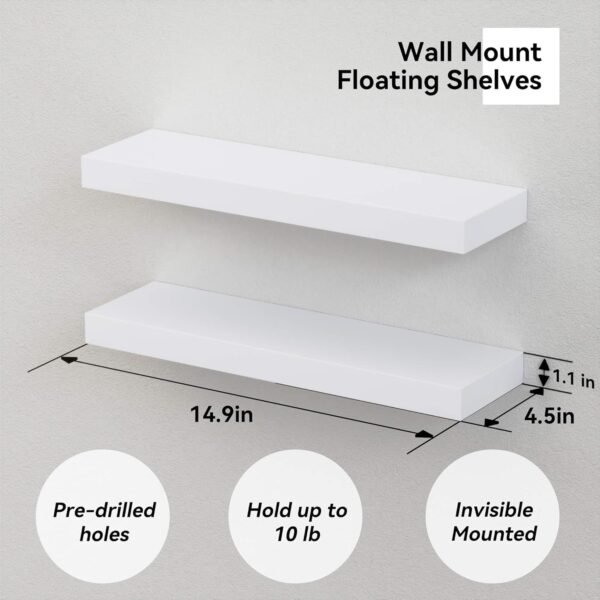 71ESv-Mat-L._AC_SL1500.jpg 14.9 in White Floating Shelves Set of 2, Wall Mounted Small Shelves, Modern Hanging Shelf for Wall Decor, Display Wall Storage Shelves for Living Room, Bedroom, Bathroom, Kitchen - White