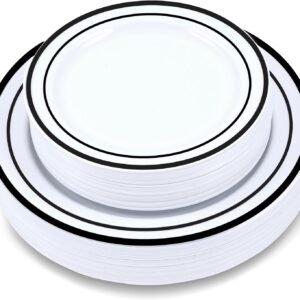 60-Piece Plastic Plates Set Premium 30 Dinner Plates & 30 Salad Plates Pack, Disposable Plates for Party - White Plastic Wedding Plates with Rose Gold Rim