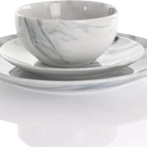 Elama Fine Round Gloss Dinnerware Dish Set, 16 Piece, Black and White Marble