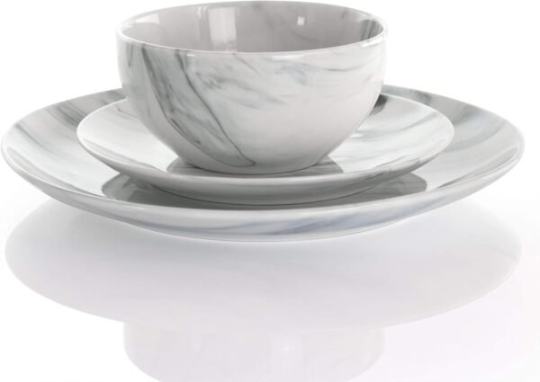 Elama Fine Round Gloss Dinnerware Dish Set, 16 Piece, Black and White Marble