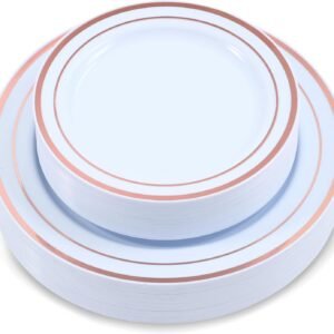 60-Piece Plastic Plates Set Premium 30 Dinner Plates & 30 Salad Plates Pack, Disposable Plates for Party - White Plastic Wedding Plates with Rose Gold Rim