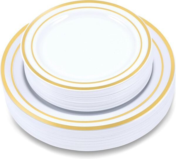 60-Piece Plastic Plates Set Premium 30 Dinner Plates & 30 Salad Plates Pack, Disposable Plates for Party - White Plastic Wedding Plates with Rose Gold Rim